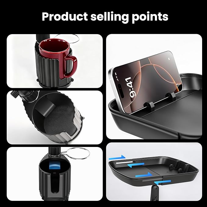 Car Cup Holder Tray Table 10-inch Car Food Tray Portable 4-in-1 Car Cup Holder Extender 360° Rotating with Phone Holder Essen