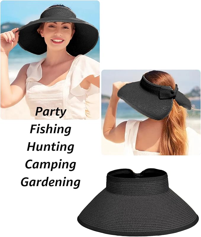 Sun Visor Hat for Women, Wide Brim Straw Summer UV Protection Hat, Foldable Roll-up Packable Beach Cap