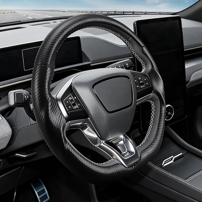 3-Piece Carbon Fiber Steering Wheel Cover for Ford Mustang Mach-E 2021-2026, Custom Fit Clip-On Quick Installation Ultra-Thin Interior Car Accessories for Men Women(Matte Black)