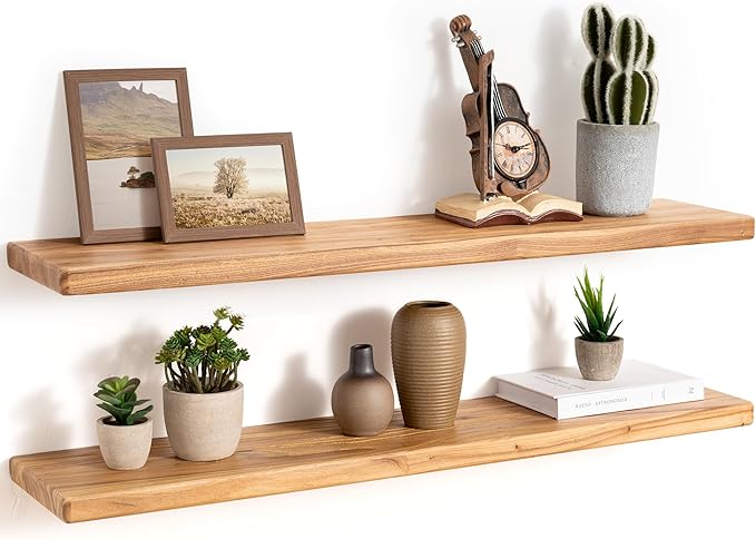 36" Rustic Elm Wood Floating Shelves, 8 Inch Deep Wall Shelves for Home Decor, Wall Mounted Floating Shelf with Invisible Bra