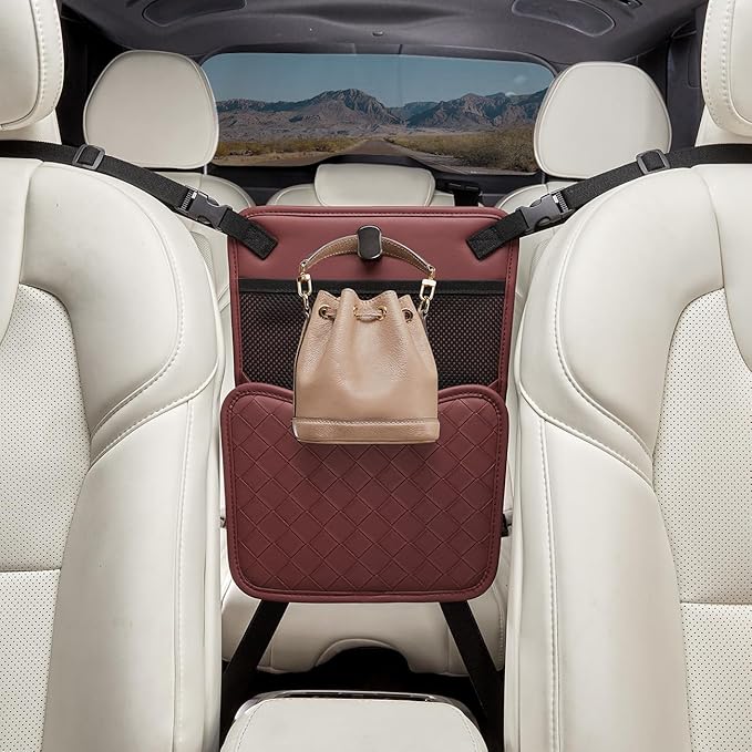 Purse Holder for Car,Car Purse Holder Between Seats,PU Leather Seat Back Organizer,Large Capacity Bag,Car Net Pocket Handbag Holder,Pet Barrier(Red)