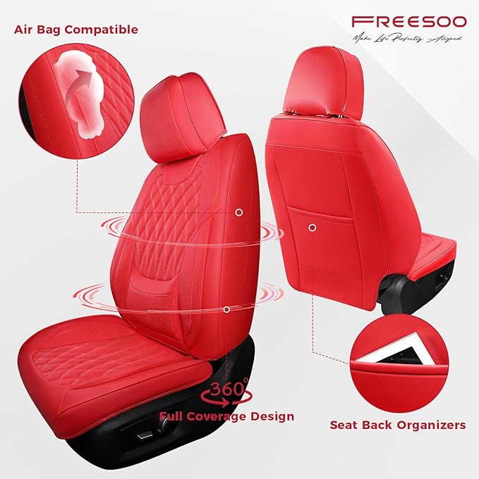 FREESOO Red Car Seat Covers Full Set - Faux Nappa Leather Seat Covers for Cars, Ultra Breathable Waterproof Front Seats Prote