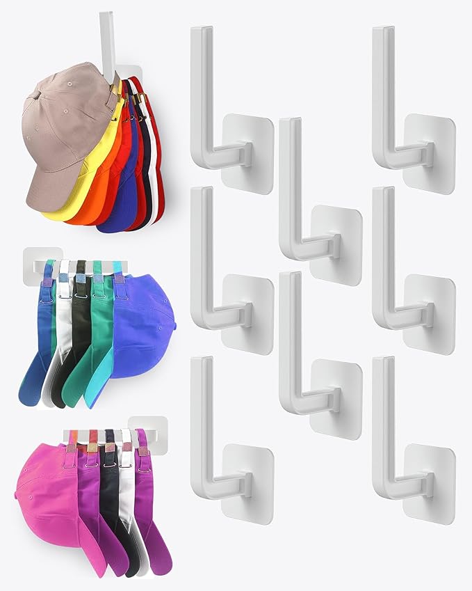 Hat Rack for Hat Storage (8-Pack), Multi-Purpose Hat Organizer, Strong Adhesive Hat Hooks for Wall Hat Organizer for Baseball