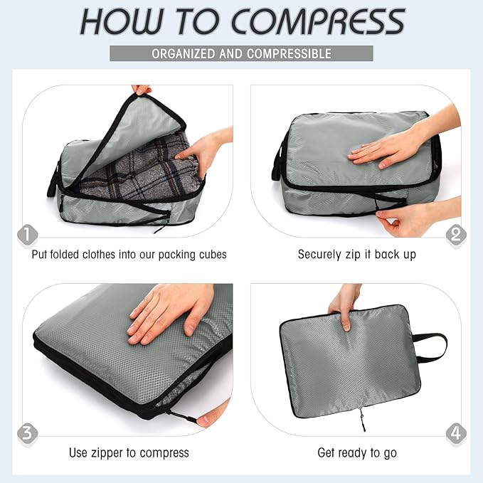 5 Pack Compression Packing Cubes for Travel Space Saving Cubes Luggage Organizer for Suitcase(Mixed Gray,Mixed)