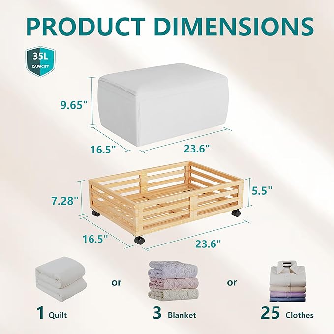 Wisuce Bamboo Under Bed Storage Containers- Underbed Organizer with Wheels with Large Dust Bag,Sturdy Wood Rolling Under the 