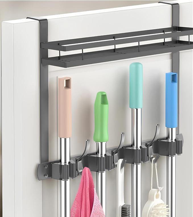 Broom Holder Over The Door Over Door Broom and Mop Rack Over The Door Hooks Organizer With4 Slots & 3 Hooks 1 Storage Basket 