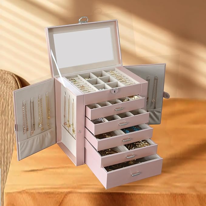 BOOVO Jewelry Box For women, 6 Layer Large Jewelry Organizer With Mirror, Multi-Function Storage Box With Lock, Accessory Hol