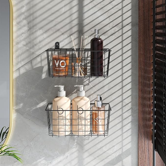 MaraFansie Hanging Kitchen Baskets Wire Storage Basket Adhesive and Screws Basket Over the Cabinet Door Organizer with Adhesi