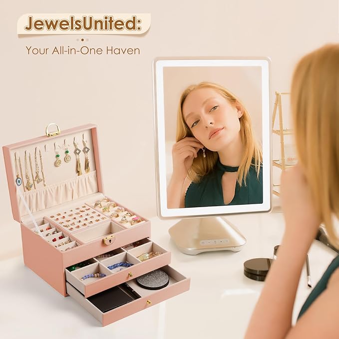coobest 3 Layer Jewelry Box, Jewelry Holder with Lockable Drawer, Large Jewelry Boxes & Organizer with Velvet Earring Holder,