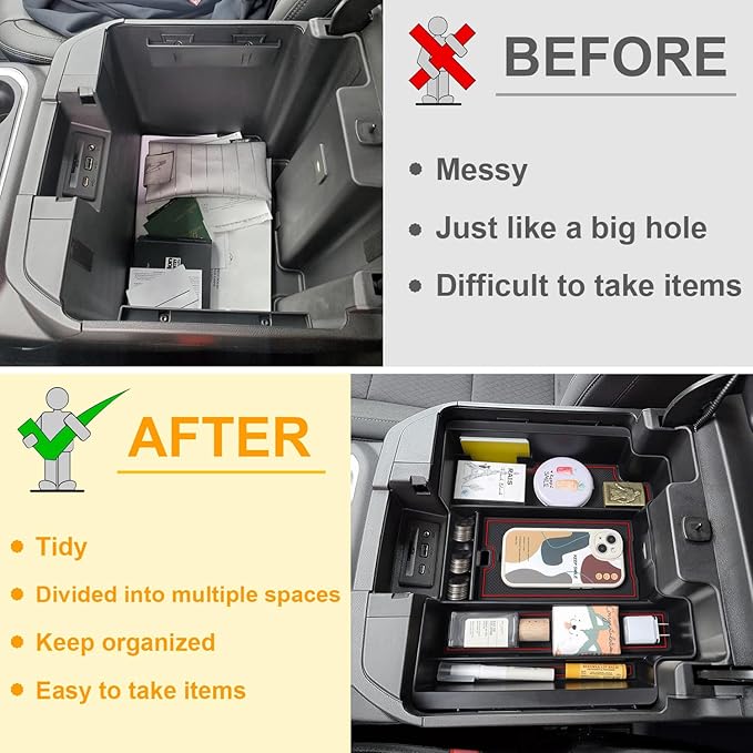 PIMCAR Full Size Console Armrest Organizer Compatible with 2019-2022 Chevy Silverado/GMC Sierra 1500 & 2020-2023 Silverado/Sierra 2500 HD/3500 HD-Full Console w/Bucket Seats ONLY Red Trim