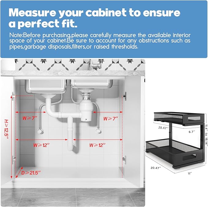 1 Pack 20.47IN Depth Under Sink Storage Organizer, Large 2-Tier Elegant Mesh Pull Out Shelf for Kitchen and Bathroom Cabinet 