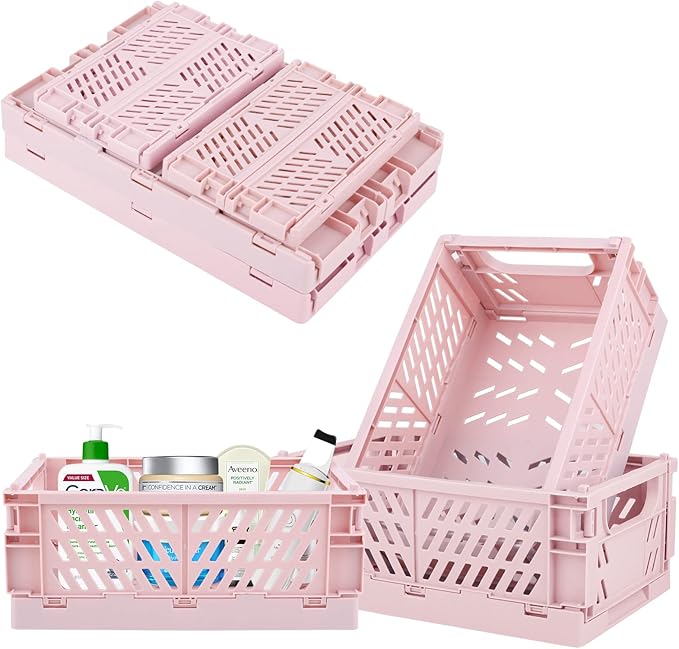Plastic Baskets for Desk Organizing, Drawer Organizer, 2 Medium+2 Small Durable Folding Storage Crate for Home Kitchen Classr