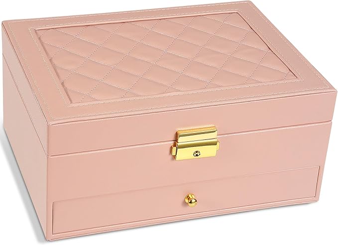 2-Layer Jewelry Box for women, jewelry organizers and storage with Removable Jewelry Tray, vintage quilted top Lockable Jewel