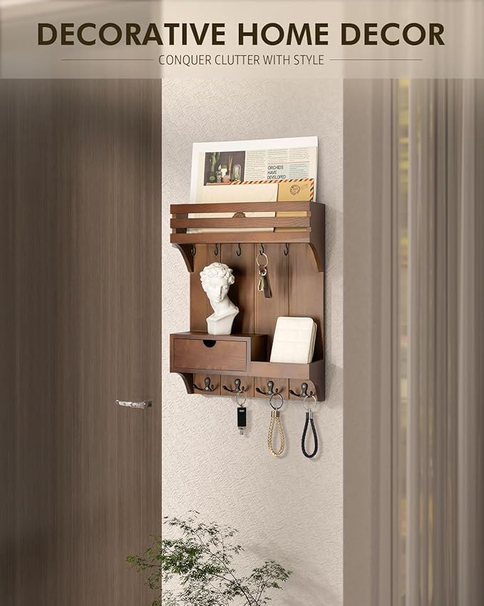 Rebee Vision Farmhouse Key Holder Wall Mount – Decorative Mail Organizer with 9 Key Hooks and Mini Drawer Organizer – Rustic 