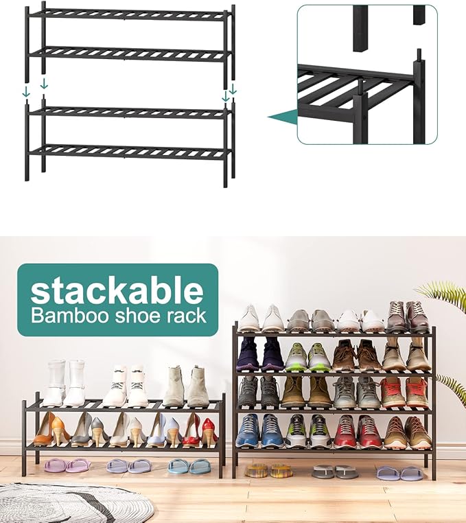 viewcare Black Shoe Rack, 2-Tier Long Shoe Rack for Entryway, Bamboo Wood Shoe Shelf for Closet & Hallway, Long 33IN | Beauti
