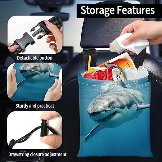 Car Trash Bag Large Hanging Can for Back of Seat, Cute Waterproof Car Garbage Bag for Vehicle, Travelling, Outdoor Cool Shark