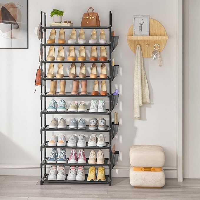 LUKYTOWER Tall Shoe Rack - 10 Tier Shoe Organizer with Metal Shelf, 5 Hooks, Pocket & Sturdy Stand for Closet Shoes