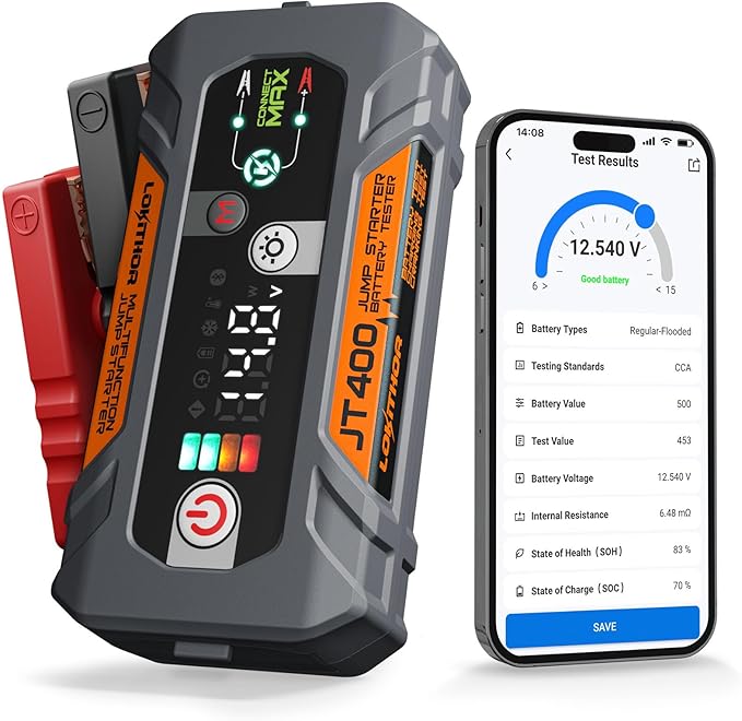 LOKITHOR JT400 12V Jump Starter and Battery Tester 2-in-1, 2500A Battery Jumper Starter Portable for Up to 8.5L Gas