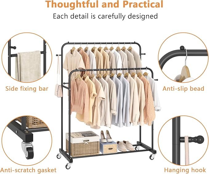 Laiensia Double Rods Garment Rack with Wheels, Clothing Rack for Hanging Clothes,4 Hooks, Multi-functional Bedroom Clothes Ra