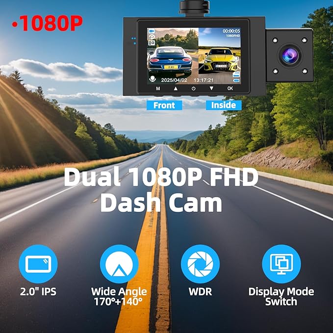 Dual Dash Cam Front and Inside, FHD 1080P Dashcam with 64GB Card, DashCamera for Cars with Night Vision, 24H Parking Monitor,