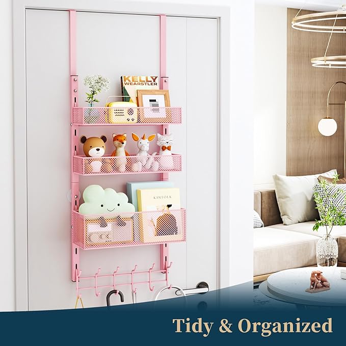 Consumest Over The Door Hooks Organizer - 4 Tier Door Coat Rack with 3 Baskets and 12 Hooks, Stainless Steel Towel Hanger for