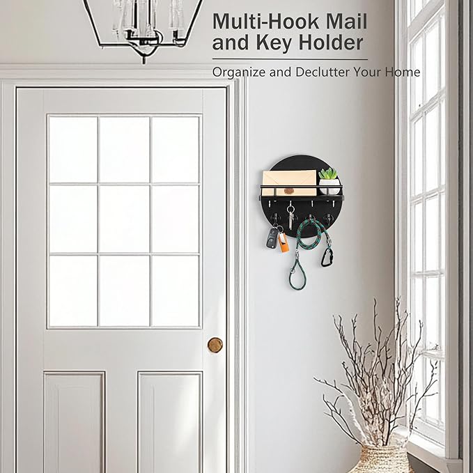 dreampossible Key Holder Wall Mount - 10.2 Inch Decorative Key Rack and Mail Organizer with 8 Key Hooks - Wooden Key Hanger w