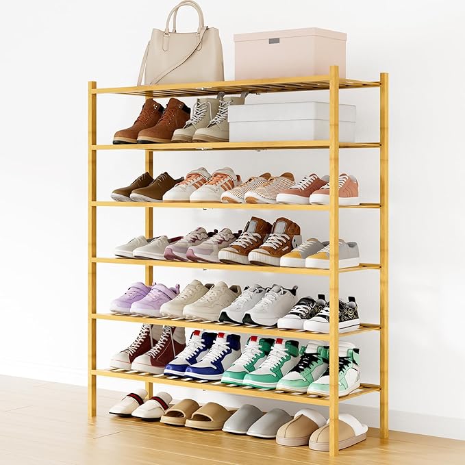 Smiry Shoe Rack, 6 Tier Long Bamboo Shoe Organizer, Stackable Free Standing Wooden Shoe Storage Shelf for Closet, Entryway, F