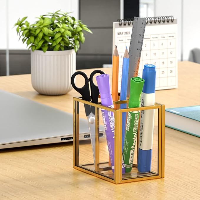 NIUBEE Gold Acrylic Pen Holder for Desk, Clear Pencil Cup Organizer Makeup Brush Holder, Acrylic Desk Organizers and Accessor
