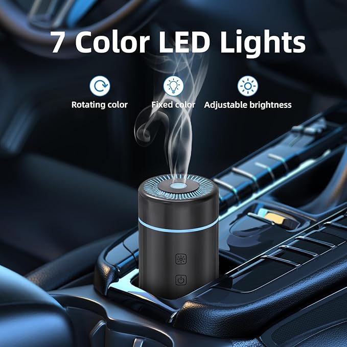 100ML Car Diffuser, USB Rechargeable Battery Operated, Powered Cordless Essential Oil Humidifier, 7 LED Color Lights 2 Timer 