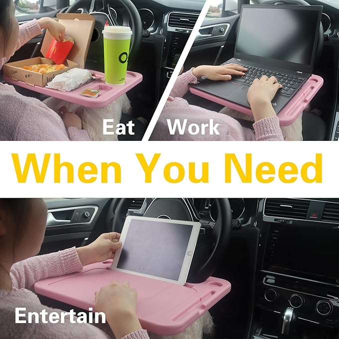 4 in 1 Car Steering Wheel Tray with Dual Sauce Dip Holder and Tablet Holder,Car Table Food Trays for Eating,Driver Desk Fit Most Auto Vehicle Steering Wheels (Pink, Large)