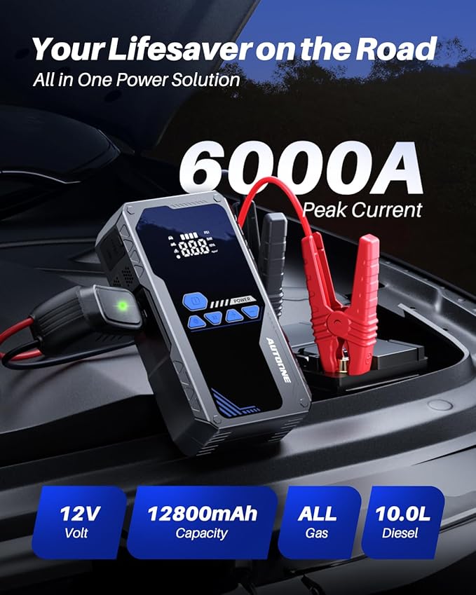 AUTOONE 6000A Jump Starter with Air Compressor (All Gas/10L Diesel), 150PSI Car Jumper Starter Portable, Jump Box Tire