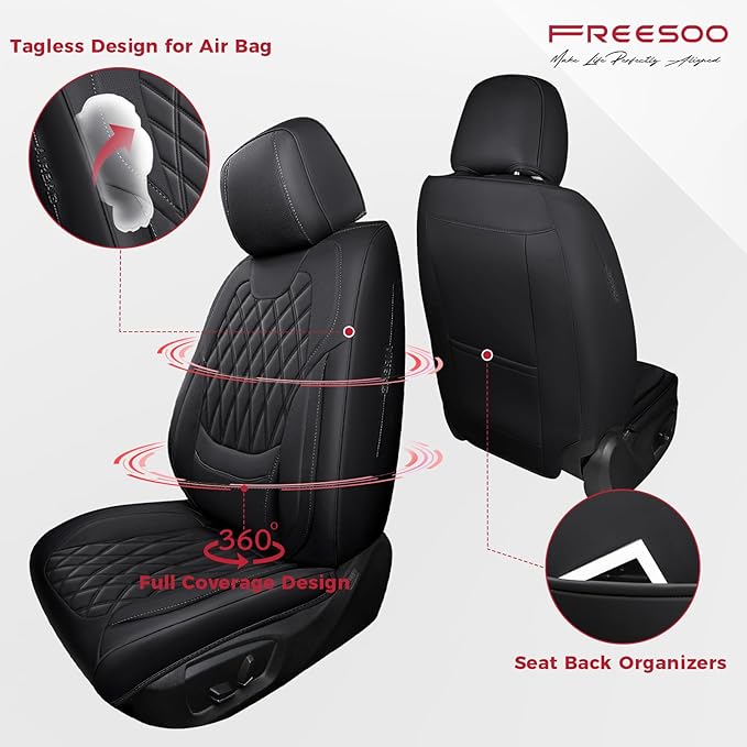 FREESOO Black Car Seat Covers Full Set - Faux Nappa Leather Seat Covers for Cars, Ultra Breathable Waterproof Front Seats Pro