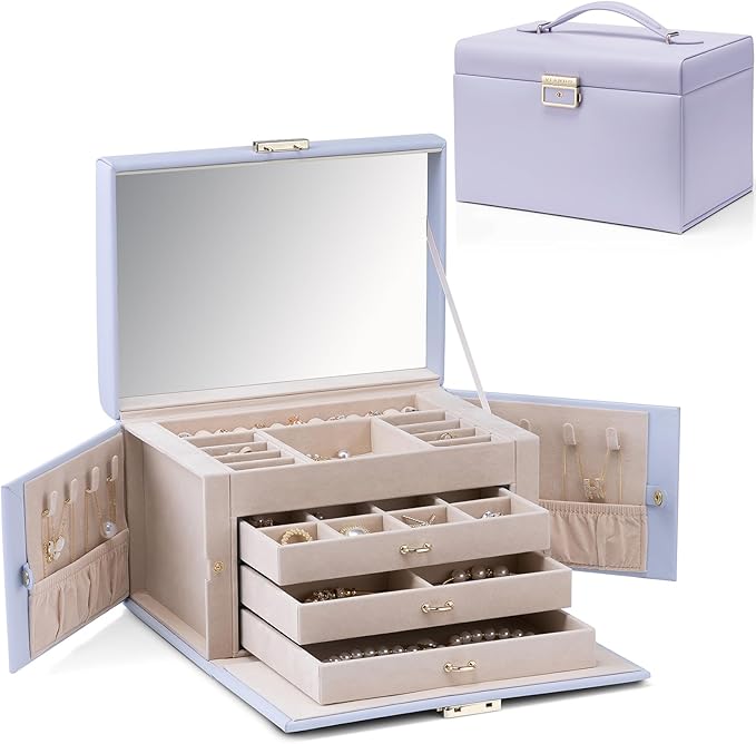 VLANDO Jewelry Box for Girls, 4-Tier Jewelry Organizer with Lock, Mirror Jewelry Box for Earring, Ring, Necklace and Bracelet