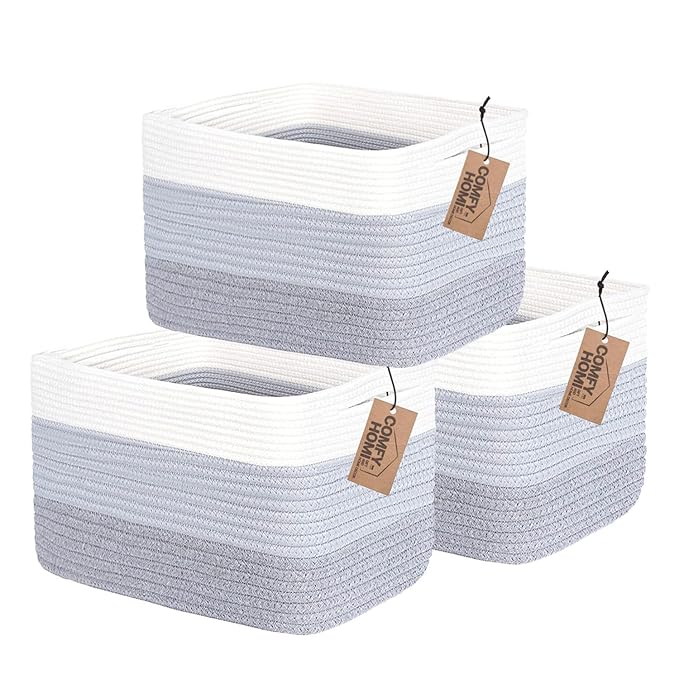 COMFY-HOMI 3PACK Cotton Rope Woven Basket With Handles for Shelves, Toy, Book, Cloth Storage Basket for Organizing|13.5" x 11