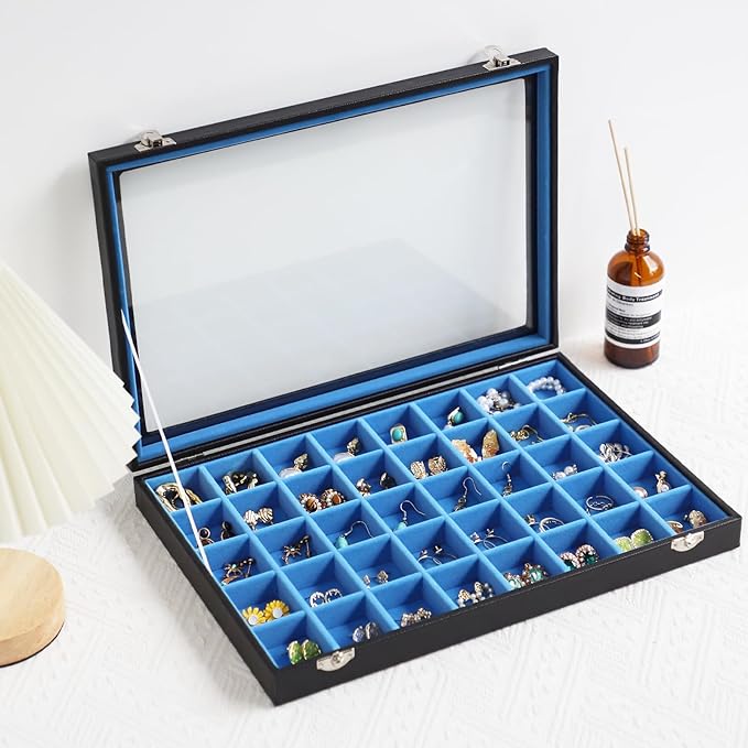 Stratalife Jewelry Organizer 40 Grid Blue Black Jewelry Tray with Clear Dust-proof Lid Velvet Earring Organizer Necklace Ring