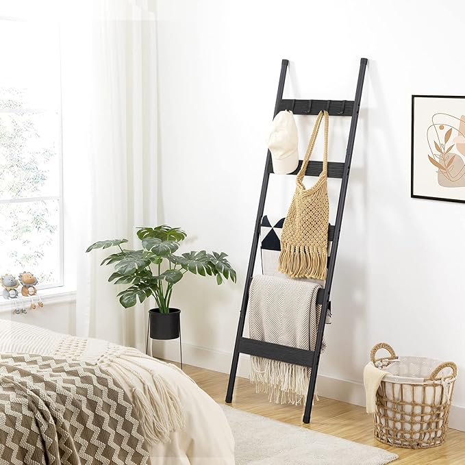 HOOBRO Blanket Ladder, 5-Tier Towel Rack with Hooks, Wall-Leaning Blanket Rack, Decorative Display Ladder Shelf, Scarves, Ind