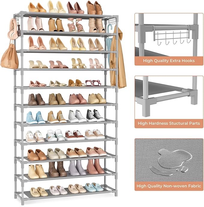 VILICK 11 Tiers Tall Wide Shoe Rack 55 Pairs Large Capacity Sturdy Durable Shoe Rack for Closet Metal Shoe Organizer Shelf wi