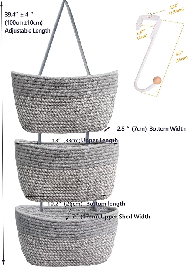Over the Door Hanging Basket for Organizing 3 Tiers Woven Cotton Rope Wall Mount Storage basket Decorative Kitchen Hanging Or
