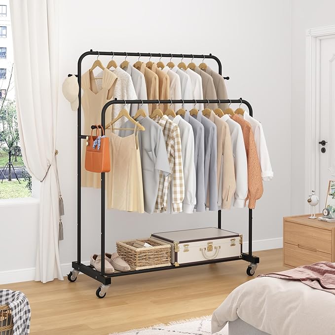 Laiensia Double Rods Garment Rack with Wheels, Clothing Rack for Hanging Clothes,4 Hooks, Multi-functional Bedroom Clothes Ra