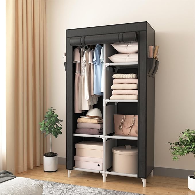 ROJASOP Portable Closet Wardrobe Closet for Hanging Clothes with 6 Storage Shelves, 1 Hanging Rod and 4 Pockets, Free Standin