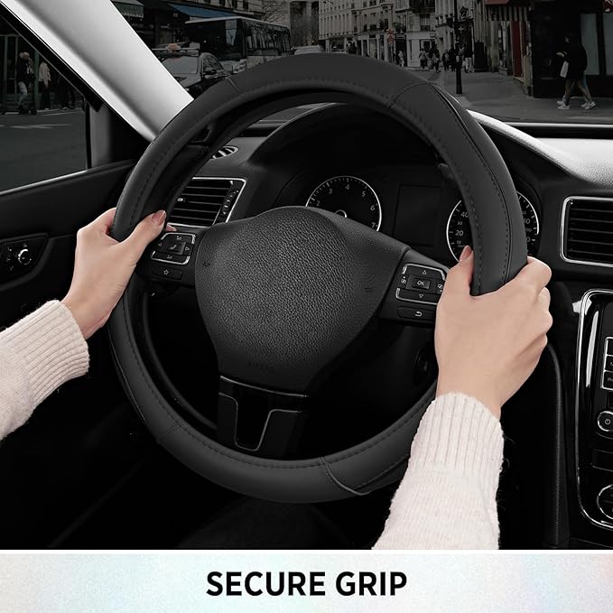 Road Comforts Leather Steering Wheel Cover with Decorative Trim and Piping, Anti-Slip Breathable Design, Fits 14.5–15 Inch Ro
