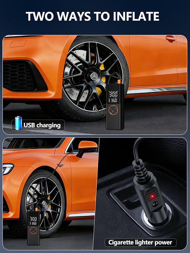 AIRSURE Tire Inflator Portable Air Compressor, 150PSI Cordless Tire Pump with USB Output, 12V DC Car Plug & Dual Power 6000mAh, Fast Inflation Air Pump for Cars, Bikes, Motorcycles and Balls
