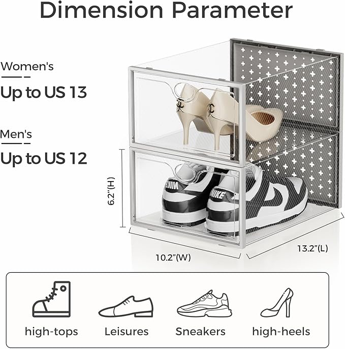 Pinkpum 18 Pack X-Large Shoe Storage Boxes Fit Size 12, Shoe Organizer for Closet Clear Plastic Stackable Shoe Dispaly Case H