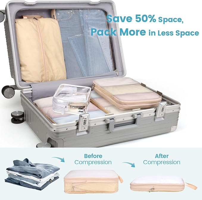 Cambond Mesh Compression Packing Cubes - 6 Piece Expandable See Through Packing Cubes for travel with Shoe and Makeup Bag, Tr