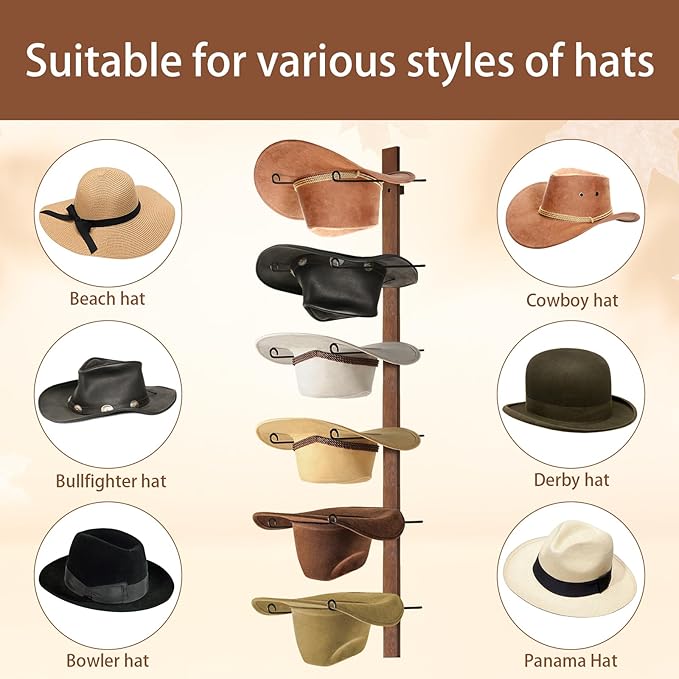 Cowboy Hat Rack, 6 Pieces Hat Rack for Cowboy Hats with Wooden Board, Metal Cowboy Hat Holder Wall Storage Hat Holder-Organiz