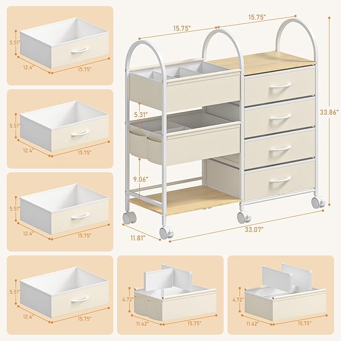 Baby Organizer and Storage Cart, 4-Tier Rolling Utility Cart with Wheels, Dividers and Drawers, Easy to Assemble for Nursery,