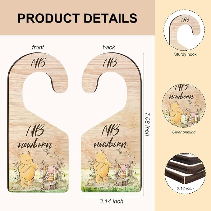 8PCS Classic Winnie Baby Closet Dividers for Newborn, the Pooh Baby Nursery Decor Wooden Hanger, Winnie Clothes Dividers for 
