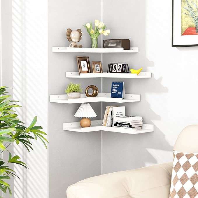 4-Tier White Corner Floating Shelves Wall Mounted - Floating Shelves with Lip, Solid Pine Wooden Corner Wall Shelf for Wall D