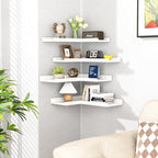 4-Tier White Corner Floating Shelves Wall Mounted - Floating Shelves with Lip, Solid Pine Wooden Corner Wall Shelf for Wall D