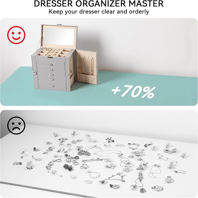 Frebeauty Large Jewelry Box,6-Tier PU Leather Jewelry Organizer,Multi-functional Storage Case with Mirror,Accessories Holder 